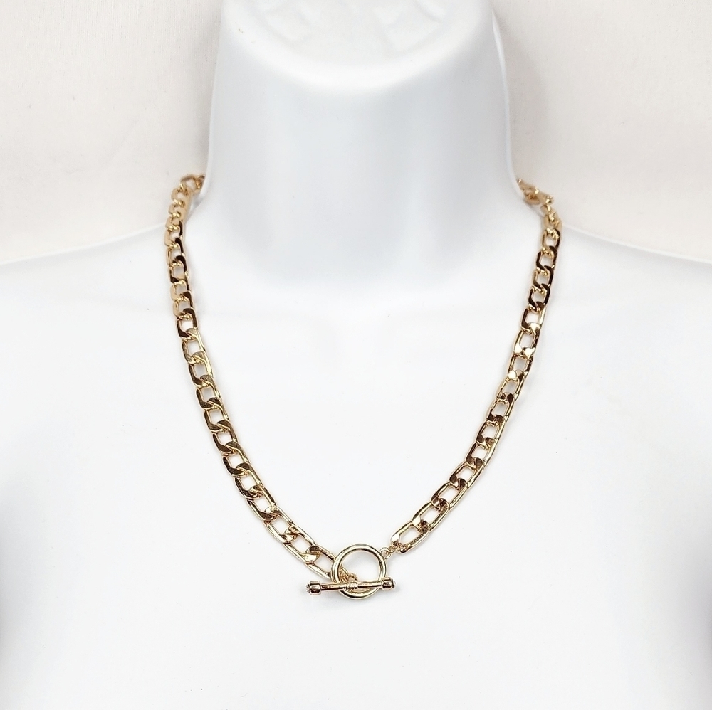 Make a Wish 10" Gold Flat Curb Chain Necklace w/ Jeweled Toggle Lobster Clasp